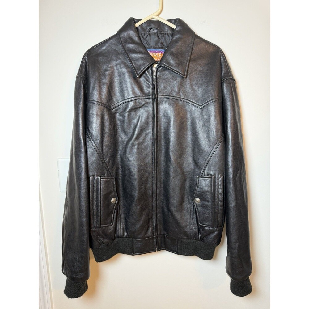 Vtg Cripple Creek Leather Western Bomber Jacket Men’s Large Black Full Zip
